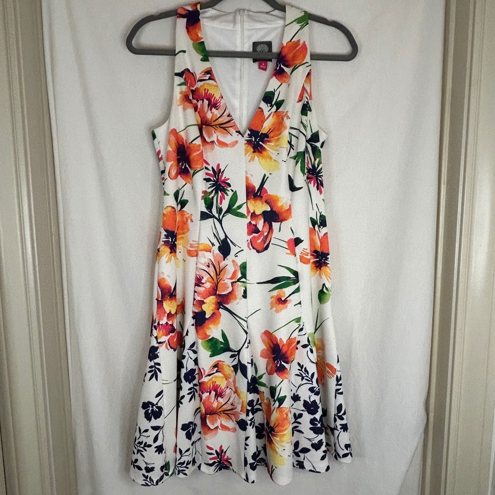 Vince Camuto White Floral‎ Fit and Flare Dress Sleeveless Size 10